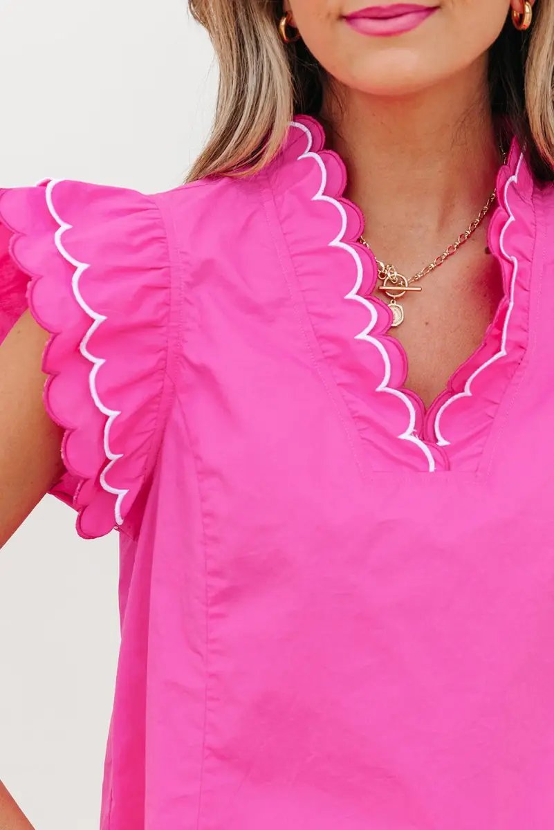 Bright Pink Contrast Scallop Trim Layered V Neck Blouse - Love Salve